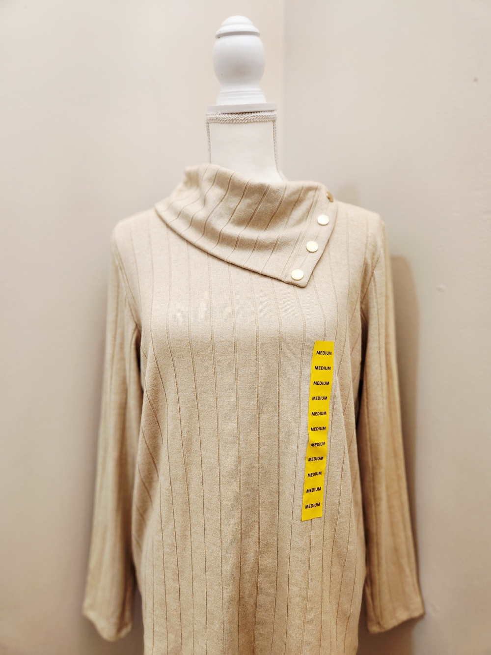 RAFAELLA Ribbed Asymmetric Button Turtleneck Sweater
